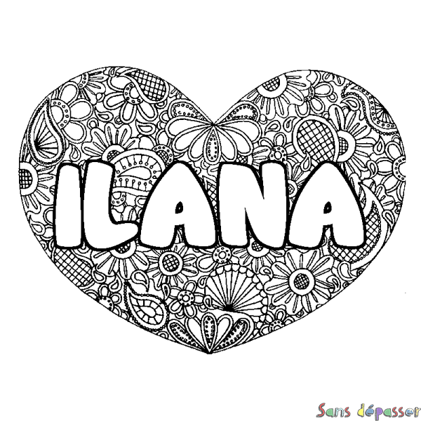 Coloriage pr&eacute;nom ILANA - d&eacute;cor Mandala coeur