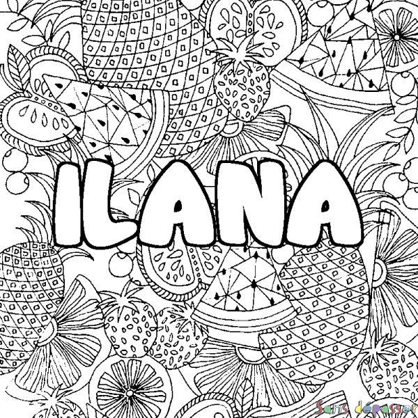 Coloriage pr&eacute;nom ILANA - d&eacute;cor Mandala fruits
