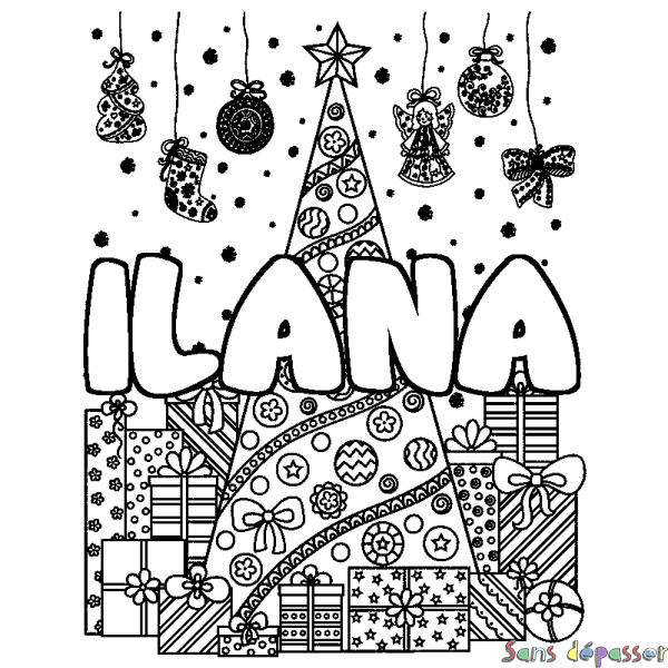 Coloriage pr&eacute;nom ILANA - d&eacute;cor Sapin et Cadeaux