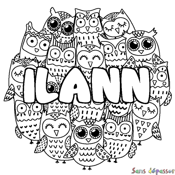 Coloriage pr&eacute;nom ILANN - d&eacute;cor Chouettes