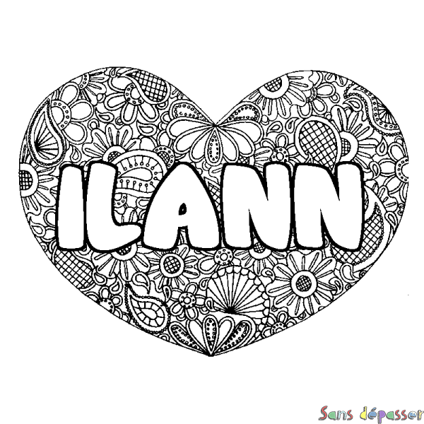 Coloriage pr&eacute;nom ILANN - d&eacute;cor Mandala coeur