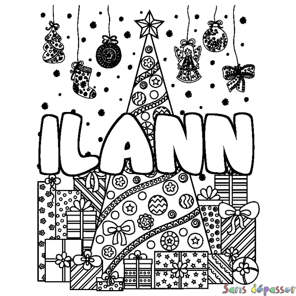 Coloriage pr&eacute;nom ILANN - d&eacute;cor Sapin et Cadeaux