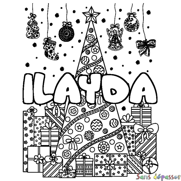 Coloriage pr&eacute;nom ILAYDA - d&eacute;cor Sapin et Cadeaux