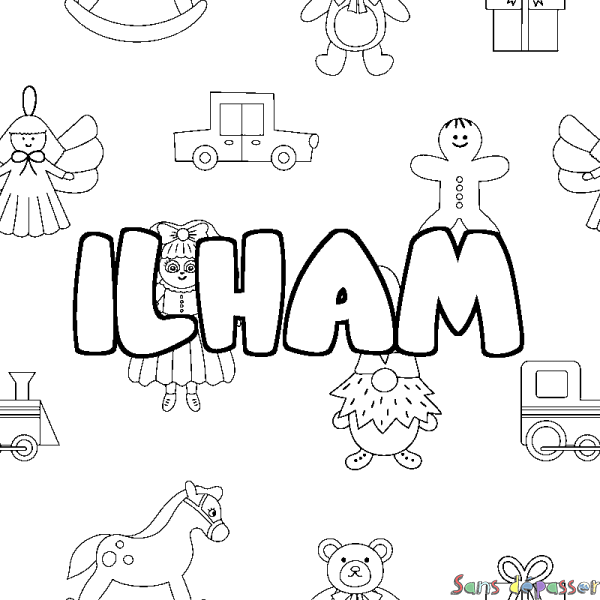 Coloriage pr&eacute;nom ILHAM - d&eacute;cor Jouets
