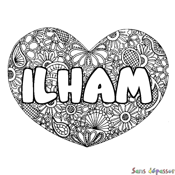 Coloriage pr&eacute;nom ILHAM - d&eacute;cor Mandala coeur