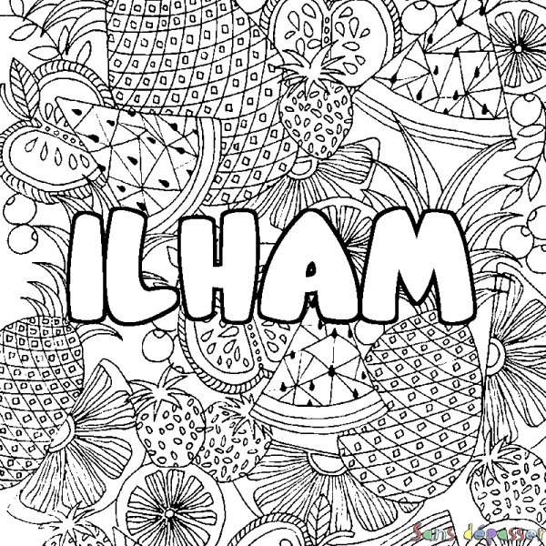 Coloriage pr&eacute;nom ILHAM - d&eacute;cor Mandala fruits