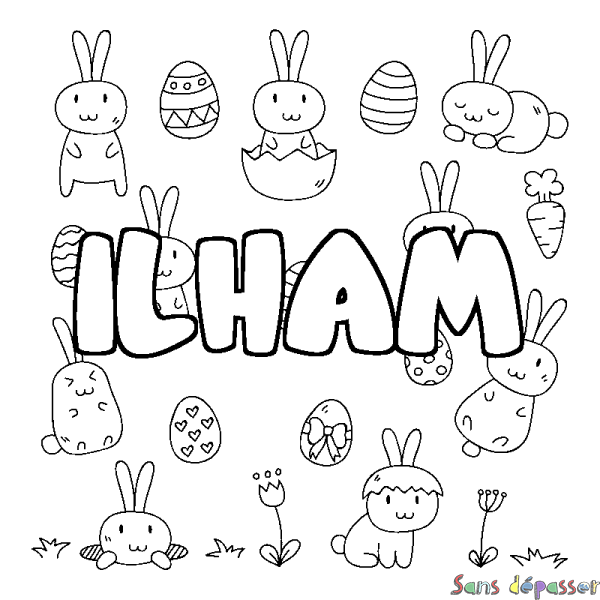 Coloriage pr&eacute;nom ILHAM - d&eacute;cor Paques