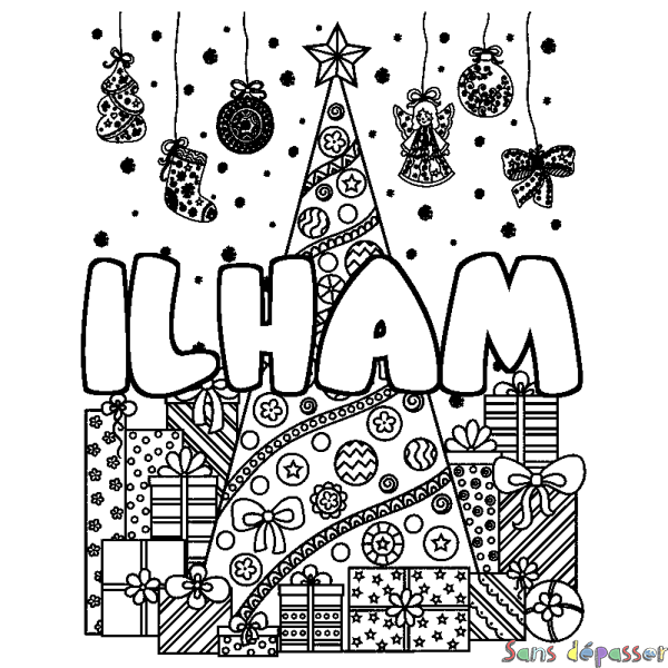 Coloriage prénom ILHAM - d&eacute;cor Sapin et Cadeaux