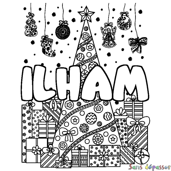 Coloriage pr&eacute;nom ILHAM - d&eacute;cor Sapin et Cadeaux