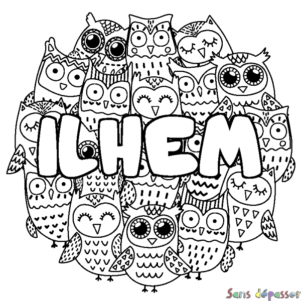 Coloriage pr&eacute;nom ILHEM - d&eacute;cor Chouettes