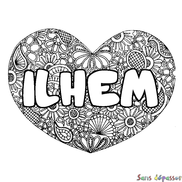 Coloriage pr&eacute;nom ILHEM - d&eacute;cor Mandala coeur