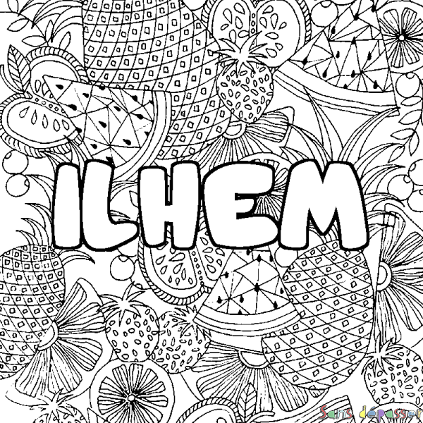 Coloriage pr&eacute;nom ILHEM - d&eacute;cor Mandala fruits