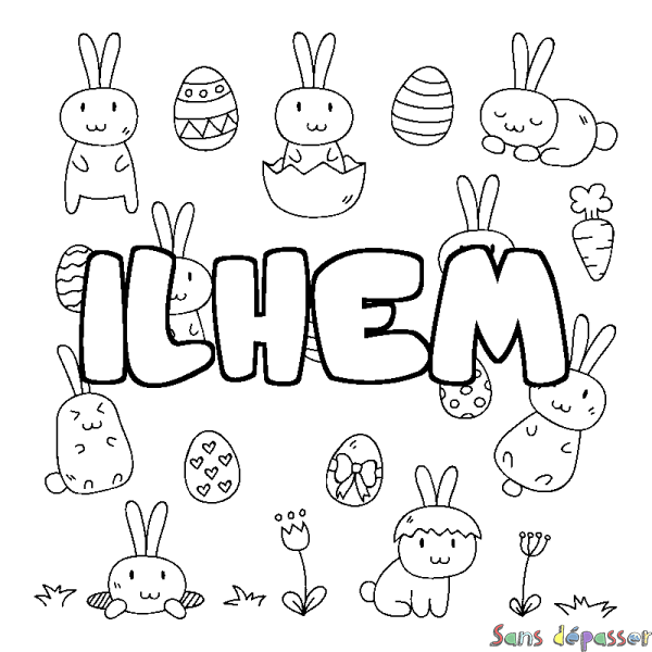 Coloriage pr&eacute;nom ILHEM - d&eacute;cor Paques
