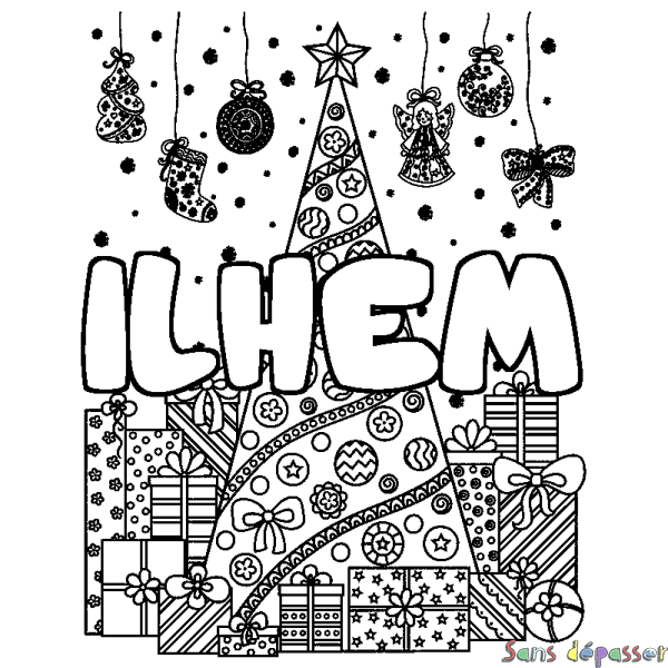 Coloriage pr&eacute;nom ILHEM - d&eacute;cor Sapin et Cadeaux