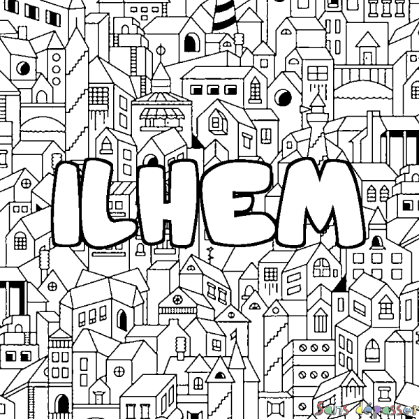 Coloriage pr&eacute;nom ILHEM - d&eacute;cor Ville