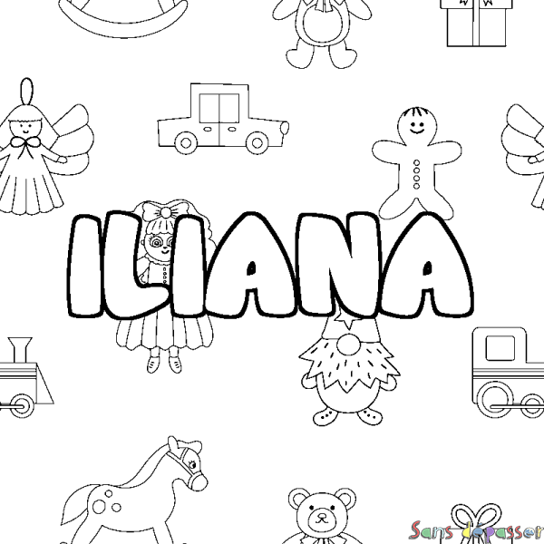 Coloriage pr&eacute;nom ILIANA - d&eacute;cor Jouets
