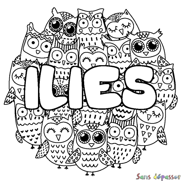 Coloriage pr&eacute;nom ILIES - d&eacute;cor Chouettes