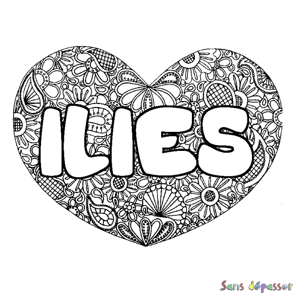 Coloriage pr&eacute;nom ILIES - d&eacute;cor Mandala coeur