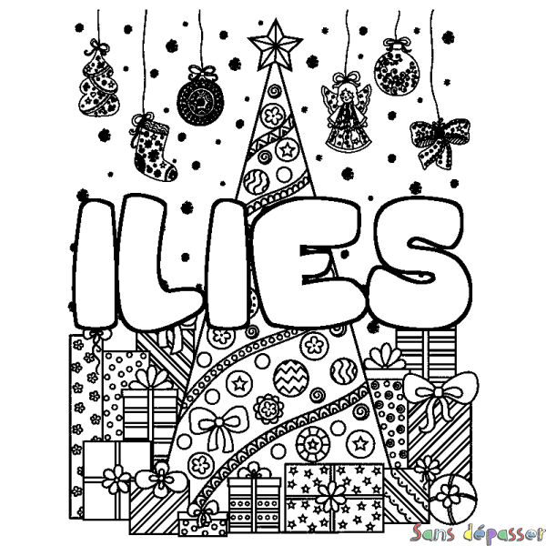 Coloriage pr&eacute;nom ILIES - d&eacute;cor Sapin et Cadeaux