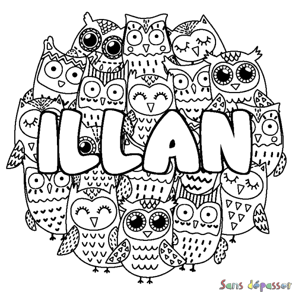 Coloriage pr&eacute;nom ILLAN - d&eacute;cor Chouettes
