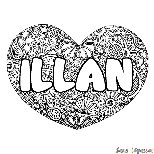 Coloriage pr&eacute;nom ILLAN - d&eacute;cor Mandala coeur