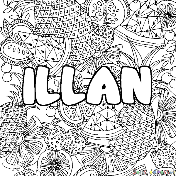 Coloriage pr&eacute;nom ILLAN - d&eacute;cor Mandala fruits