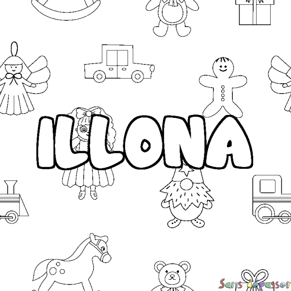 Coloriage pr&eacute;nom ILLONA - d&eacute;cor Jouets