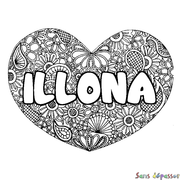 Coloriage pr&eacute;nom ILLONA - d&eacute;cor Mandala coeur