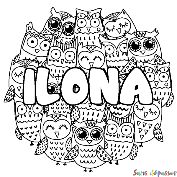Coloriage pr&eacute;nom ILONA - d&eacute;cor Chouettes