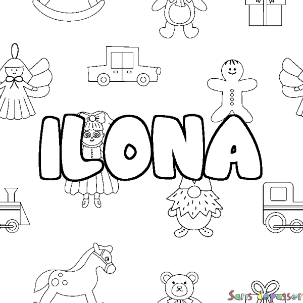 Coloriage pr&eacute;nom ILONA - d&eacute;cor Jouets