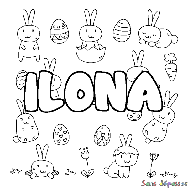Coloriage pr&eacute;nom ILONA - d&eacute;cor Paques