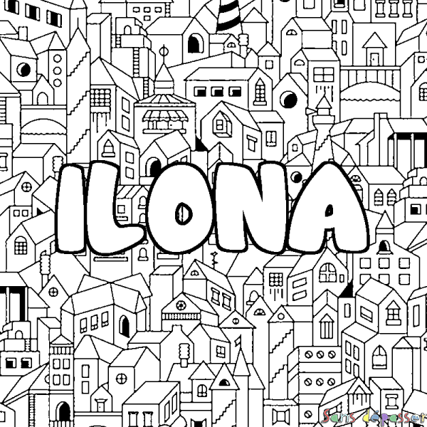 Coloriage pr&eacute;nom ILONA - d&eacute;cor Ville