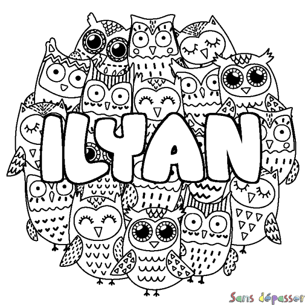 Coloriage pr&eacute;nom ILYAN - d&eacute;cor Chouettes