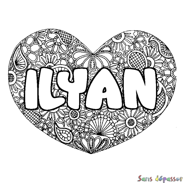 Coloriage pr&eacute;nom ILYAN - d&eacute;cor Mandala coeur