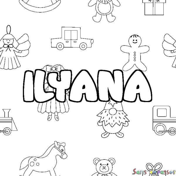 Coloriage pr&eacute;nom ILYANA - d&eacute;cor Jouets