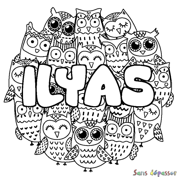 Coloriage pr&eacute;nom ILYAS - d&eacute;cor Chouettes