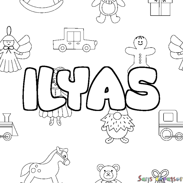 Coloriage pr&eacute;nom ILYAS - d&eacute;cor Jouets