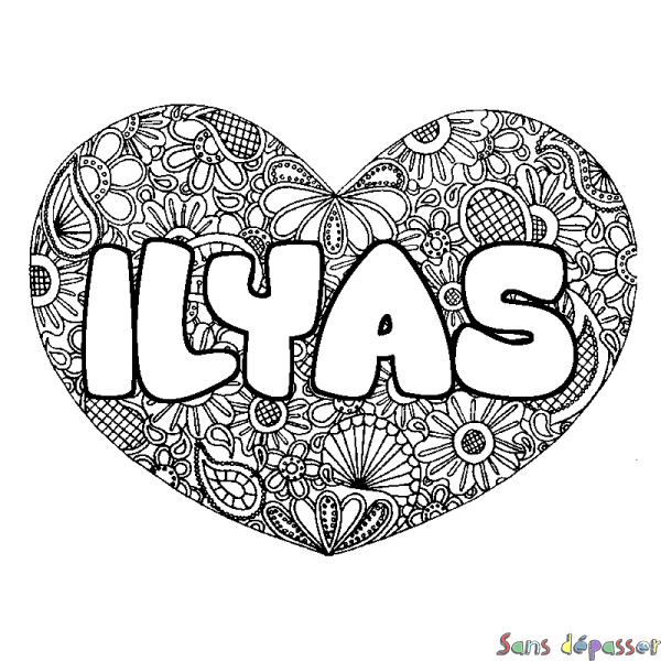 Coloriage pr&eacute;nom ILYAS - d&eacute;cor Mandala coeur