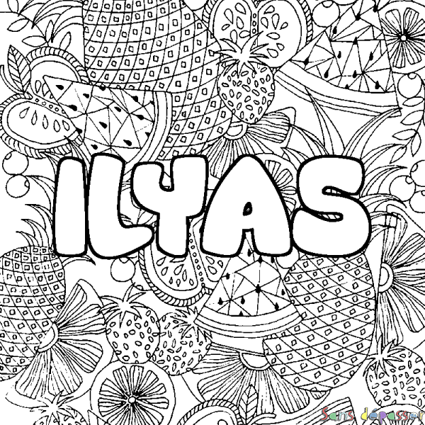 Coloriage prénom ILYAS - d&eacute;cor Mandala fruits