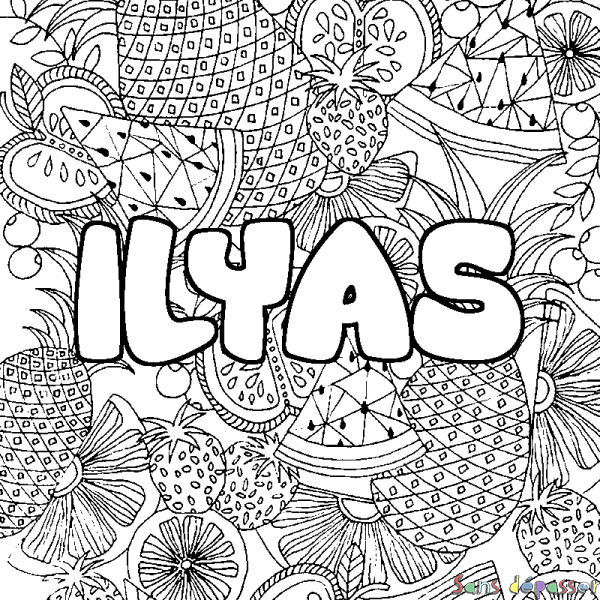 Coloriage pr&eacute;nom ILYAS - d&eacute;cor Mandala fruits