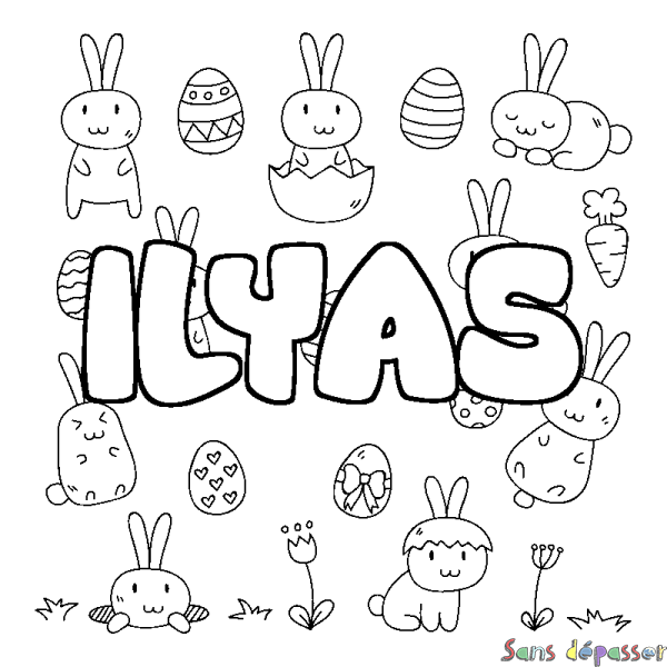 Coloriage pr&eacute;nom ILYAS - d&eacute;cor Paques