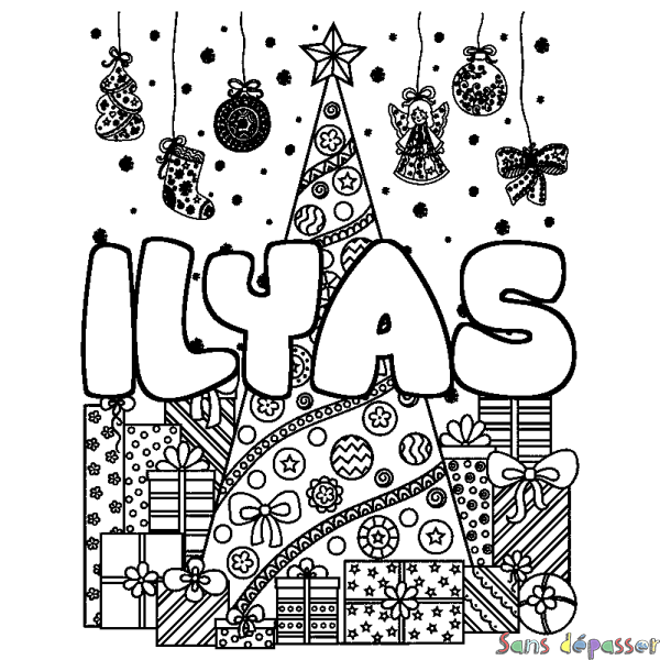 Coloriage prénom ILYAS - d&eacute;cor Sapin et Cadeaux