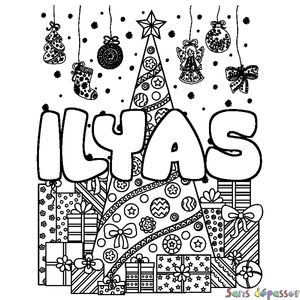 Coloriage pr&eacute;nom ILYAS - d&eacute;cor Sapin et Cadeaux