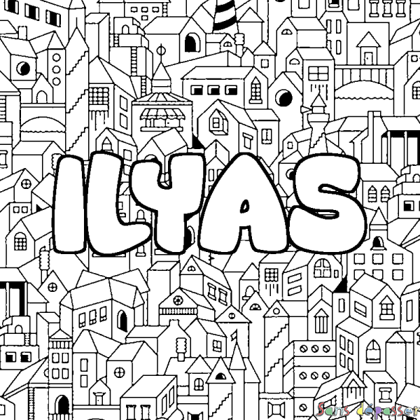 Coloriage pr&eacute;nom ILYAS - d&eacute;cor Ville