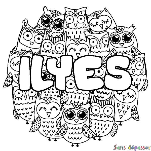 Coloriage pr&eacute;nom ILYES - d&eacute;cor Chouettes