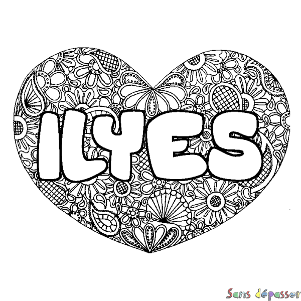 Coloriage pr&eacute;nom ILYES - d&eacute;cor Mandala coeur