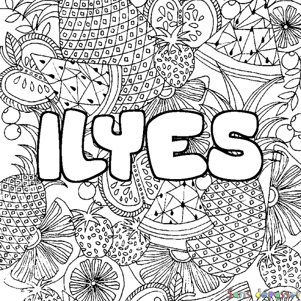 Coloriage pr&eacute;nom ILYES - d&eacute;cor Mandala fruits