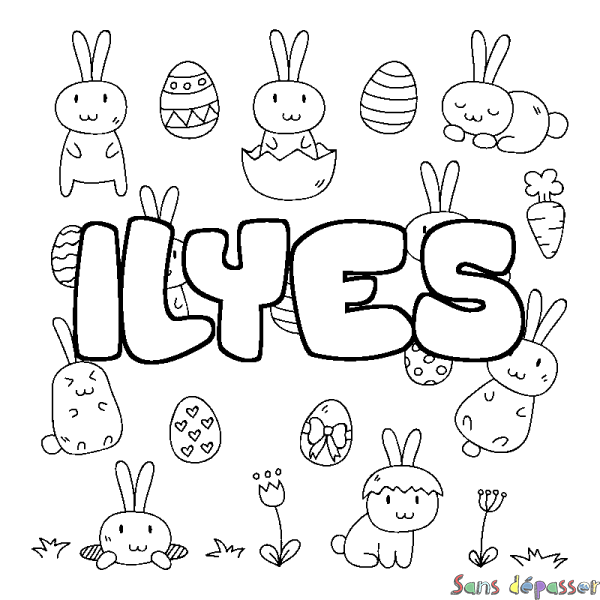 Coloriage pr&eacute;nom ILYES - d&eacute;cor Paques