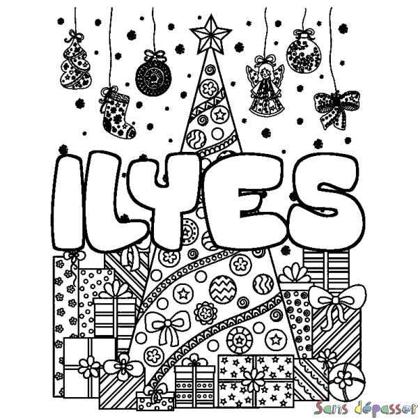Coloriage pr&eacute;nom ILYES - d&eacute;cor Sapin et Cadeaux
