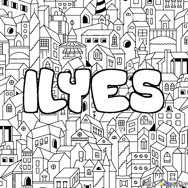 Coloriage pr&eacute;nom ILYES - d&eacute;cor Ville